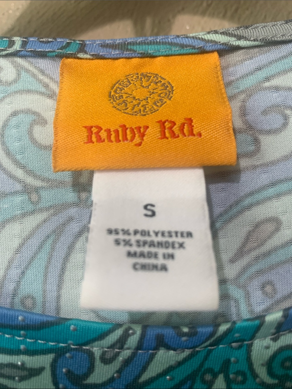 Ruby Rd. Size S Blue & Teal Paisley Ruffle-Sleeve Tunic Metallic Stripes - Picture 4 of 5